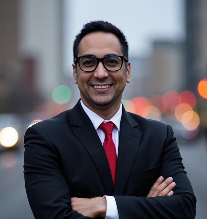 Portrait of Masoud Heydari in a dark suit, arms crossed, smiling